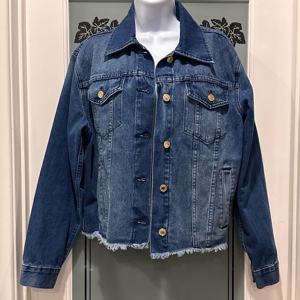 MICHAEL KORS MK Logo Cropped Stretch Denim Jean Jacket S Blue Gold Buttons M
